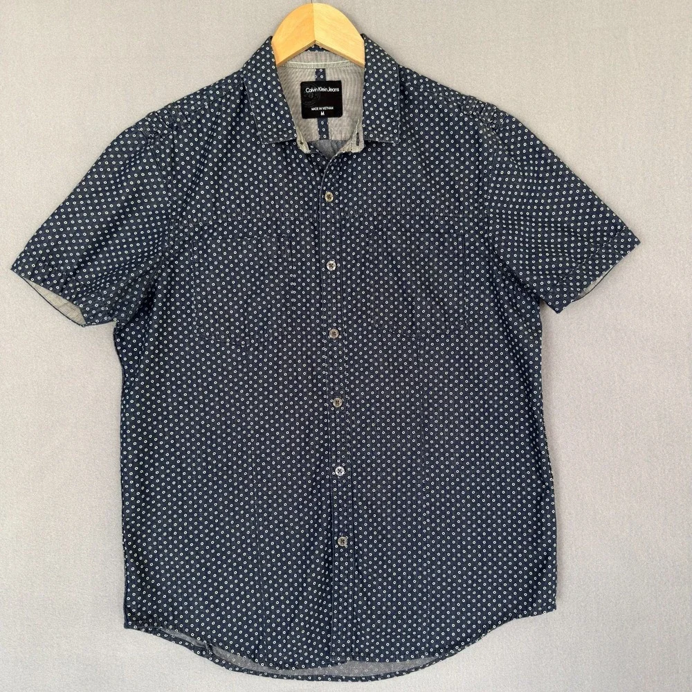 Calvin Klein Jeans Shirt Mens Medium Navy Blue Short Sleeve Button Up Pockets
